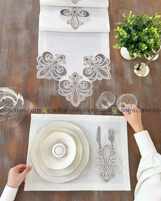 Viento Design Table Runner and Placemat Sets - 13 Pieces - Off White Fabric and Cream Lace