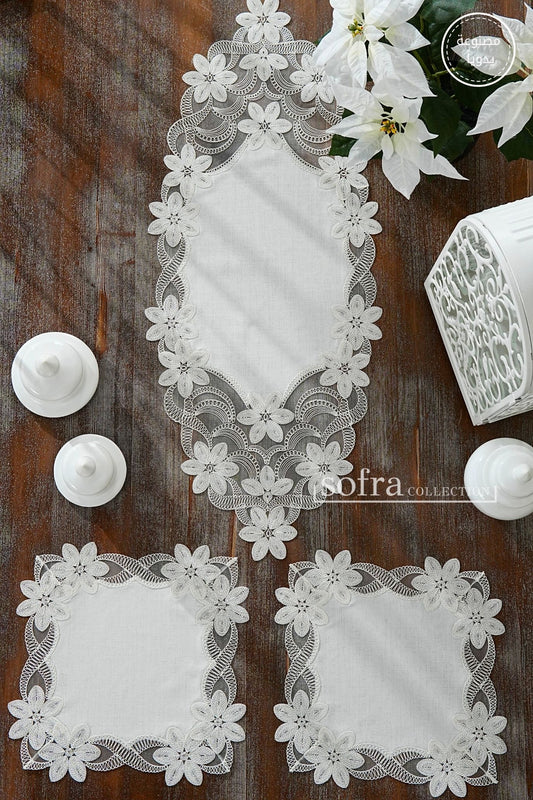 طقم مفارش ٣ قطع مزين بدانتيل اوف وايت – موديل فريدة - قماش كتان فاخر مقاوم للبقع