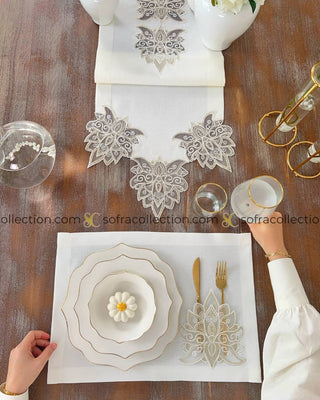 Anka Design Table Runner and Placemat Sets - 13 Pieces - Off White Fabric and Gold Lace