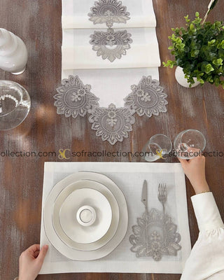 Shahmaran Design Table Runner and Placemat Sets - 13 Pieces - Off White Fabric and Silver Lace