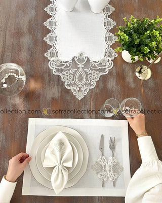 Safir Design Table Runner, Placemat, and Napkin Sets - 37 Pieces - Off White Fabric and Silver Lace