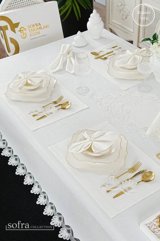 طقم مفارش سفرة كامل مزين بدانتيل اوف وايت - موديل صوفيا  – ٣٨ قطعة – ١٢ شخص - قماش كتان مقاوم للبقع