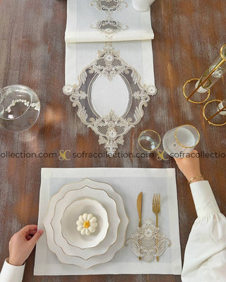 Victoria Design Table Runner and Placemat Sets - 13 Pieces - Off White Fabric and Gold Lace