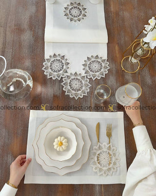 Gunes Design Table Runner and Placemat Sets - 13 Pieces - Off White Fabric and Gold Lace