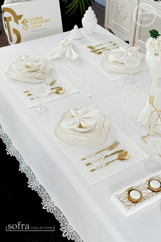 طقم مفارش سفرة كامل مزين بدانتيل أوف وايت - موديل منى  – ٣٨ قطعة – ١٢ شخص - قماش كتان مقاوم للبقع