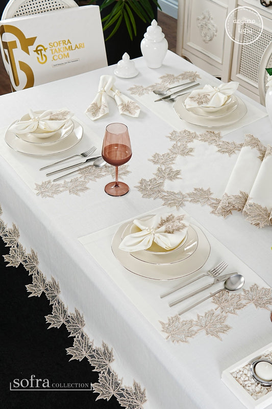 طقم مفارش سفرة كامل مزين بدانتيل بنى - موديل اوتمن  – ٣٨ قطعة – ١٢ شخص - قماش كتان مقاوم للبقع