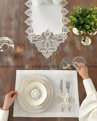 Safir Design Table Runner and Placemat Sets - 13 Pieces - Off White Fabric and Silver Lace