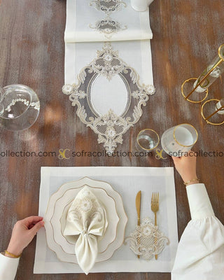 Victoria Design Table Runner, Placemat, and Napkin Sets - 37 Pieces - Off White Fabric and Gold Lace