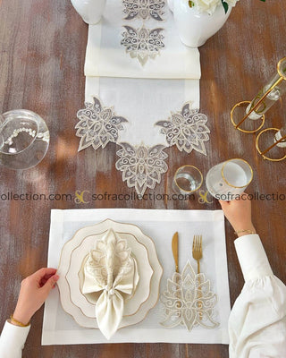 Anka Design Table Runner, Placemat, and Napkin Sets - 37 Pieces - Off White Fabric and Gold Lace