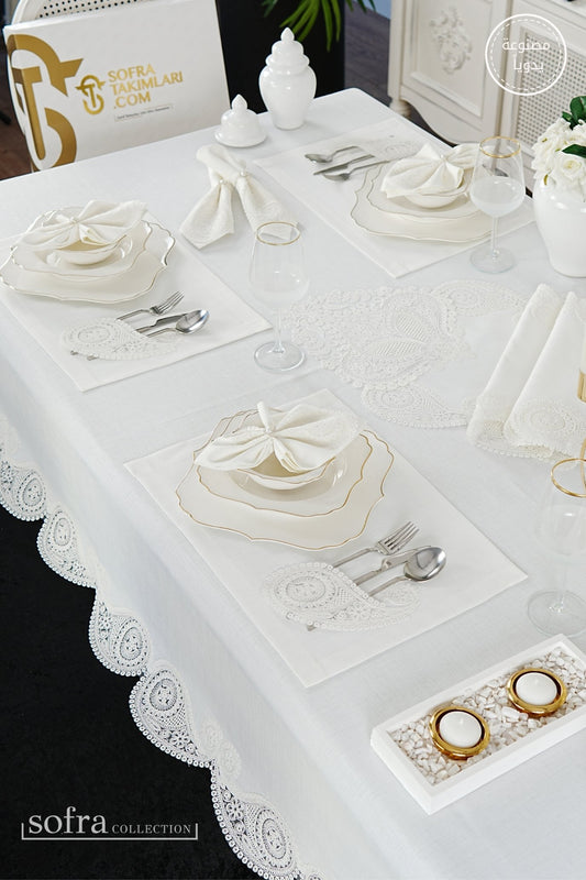 طقم مفارش سفرة كامل مزين بدانتيل اوف وايت - موديل سالكم  – ٣٨ قطعة – ١٢ شخص - قماش كتان مقاوم للبقع