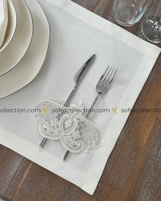 Garden Design Table Runner and Placemat Sets - 13 Pieces - Off White Fabric and Silver Lace