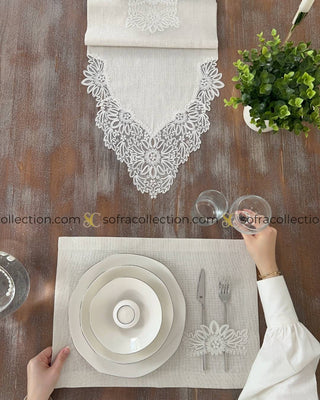 Mona Design Table Runner and Placemat Sets - 13 Pieces - Shine Stone Fabric and Off White Lace