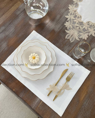 Dina Design Table Runner and Placemat Sets - 13 Pieces - Off White Fabric and Gold Lace