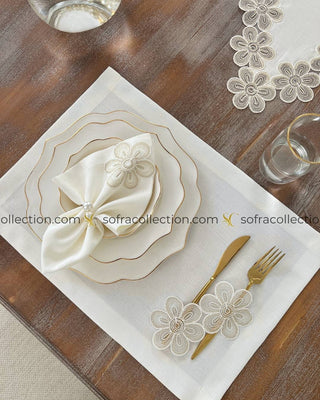 Fonya Design Table Runner, Placemat, and Napkin Sets - 37 Pieces - Off White Fabric and Gold Lace