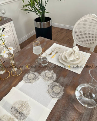 Helen Design Table Runner, Placemat, and Napkin Sets - 37 Pieces - Off White Fabric and Gold Lace