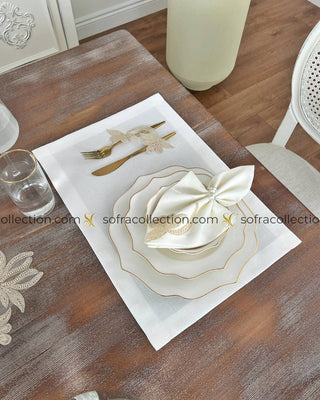 Dina Design Table Runner, Placemat, and Napkin Sets - 37 Pieces - Off White Fabric and Gold Lace