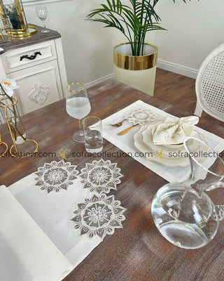 Gunes Design Table Runner, Placemat, and Napkin Sets - 37 Pieces - Off White Fabric and Gold Lace