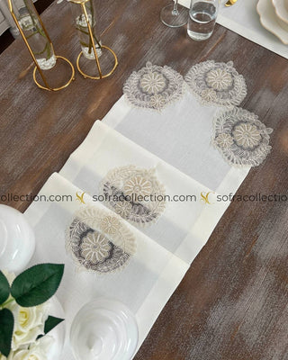 Helen Design Table Runner and Placemat Sets - 13 Pieces - Off White Fabric and Gold Lace