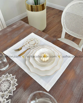 Gunes Design Table Runner and Placemat Sets - 13 Pieces - Off White Fabric and Gold Lace