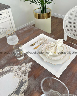 Victoria Design Table Runner, Placemat, and Napkin Sets - 37 Pieces - Off White Fabric and Gold Lace