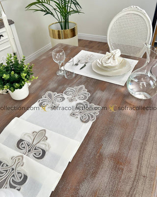 Viento Design Table Runner, Placemat, and Napkin Sets - 37 Pieces - Off White Fabric and Cream Lace