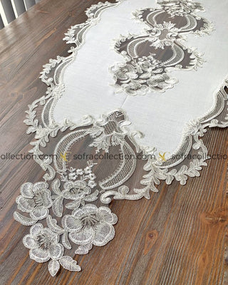 Zahira Design Decorative Cover Sets - 5 Pieces - Off White Fabric and Silver Lace