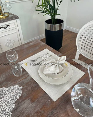 Mona Design Table Runner, Placemat, and Napkin Sets - 37 Pieces - Shine Stone Fabric and Off White Lace