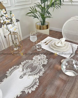 Zahira Design Table Runner, Placemat, and Napkin Sets - 37 Pieces - Off White Fabric and Silver Lace