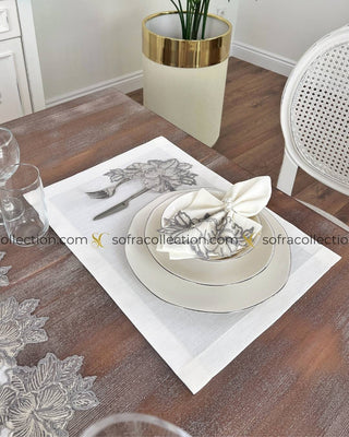 Zoya Design Table Runner, Placemat, and Napkin Sets - 37 Pieces - Off White Fabric and Silver Lace