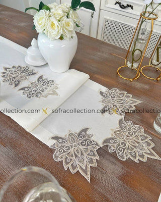 Anka Design Table Runner, Placemat, and Napkin Sets - 37 Pieces - Off White Fabric and Gold Lace