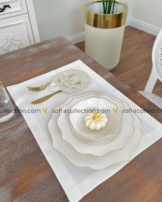 Nida Design Table Runner and Placemat Sets - 13 Pieces - Off White Fabric and Gold Lace