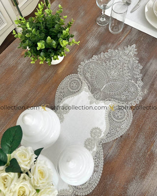 Salkim Design Table Runner, Placemat, and Napkin Sets - 37 Pieces - Off White Fabric and Platinum Lace