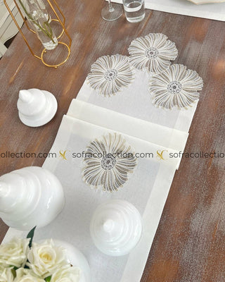 Delina Design Table Runner and Placemat Sets - 13 Pieces - Off White Fabric and Gold Lace