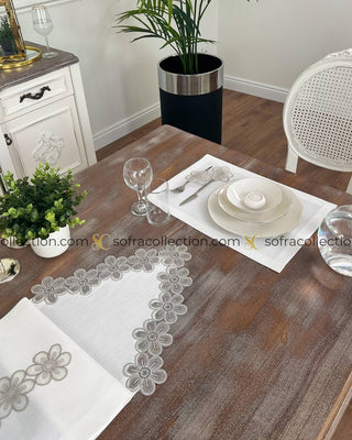 Fonya Design Table Runner and Placemat Sets - 13 Pieces - Off White Fabric and Silver Lace