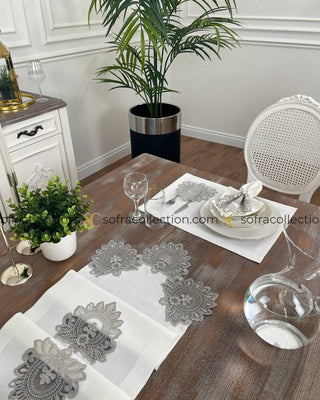 Shahmaran Design Table Runner, Placemat, and Napkin Sets - 37 Pieces - Off White Fabric and Silver Lace