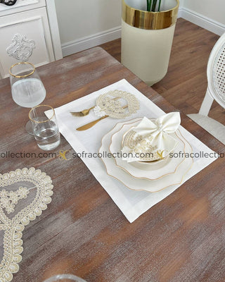 Nida Design Table Runner, Placemat, and Napkin Sets - 37 Pieces - Off White Fabric and Gold Lace