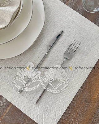 Sofia Design Table Runner, Placemat, and Napkin Sets - 37 Pieces - Shine Stone Fabric and Off White Lace