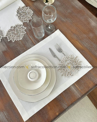 Pera Design Table Runner and Placemat Sets - 13 Pieces - Off White Fabric and Brown Lace