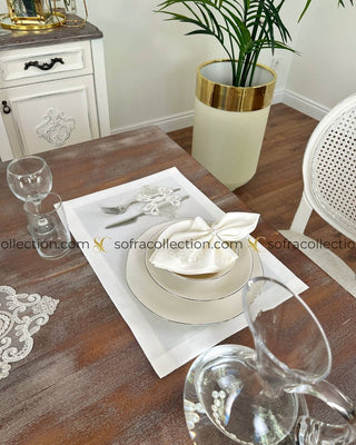 Safir Design Table Runner, Placemat, and Napkin Sets - 37 Pieces - Off White Fabric and Silver Lace