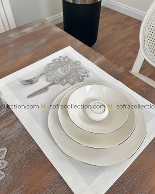 Shahmaran Design Table Runner and Placemat Sets - 13 Pieces - Off White Fabric and Silver Lace