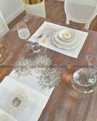 Taj Mahal Design Table Runner and Placemat Sets - 13 Pieces - Off White Fabric and Gold Lace