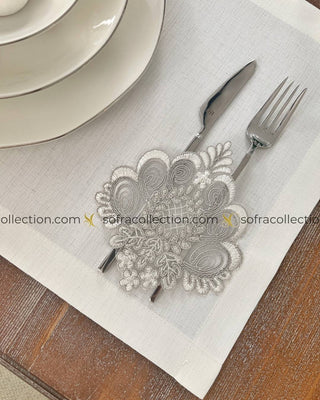 Valent Design Table Runner, Placemat, and Napkin Sets - 37 Pieces - Off White Fabric and Silver Lace