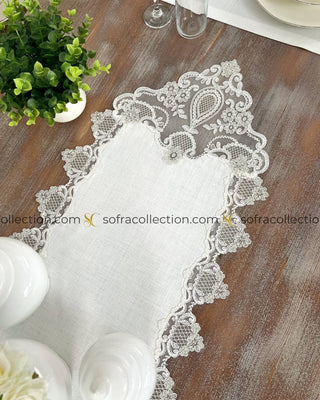 Safir Design Table Runner and Placemat Sets - 13 Pieces - Off White Fabric and Silver Lace