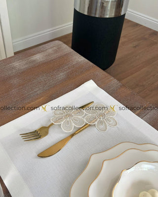 Fonya Design Table Runner, Placemat, and Napkin Sets - 37 Pieces - Off White Fabric and Gold Lace