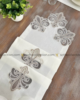 Viento Design Table Runner, Placemat, and Napkin Sets - 37 Pieces - Off White Fabric and Cream Lace