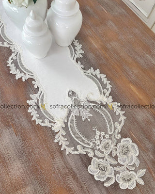 Zahira Design Table Runner and Placemat Sets - 13 Pieces - Off White Fabric and Silver Lace