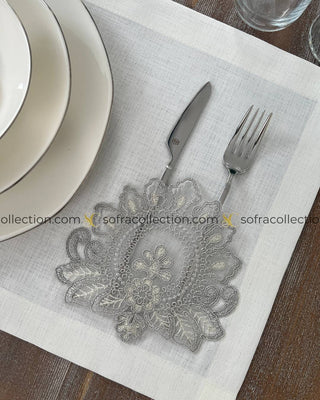 Shahmaran Design Table Runner and Placemat Sets - 13 Pieces - Off White Fabric and Silver Lace