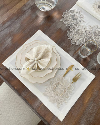 Taj Mahal Design Table Runner, Placemat, and Napkin Sets - 37 Pieces - Off White Fabric and Gold Lace