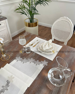 Zenya Design Table Runner, Placemat, and Napkin Sets - 37 Pieces - Off White Fabric and Lace