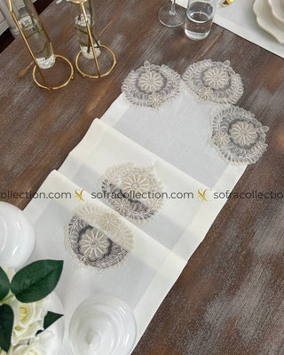 Helen Design Table Runner, Placemat, and Napkin Sets - 37 Pieces - Off White Fabric and Gold Lace